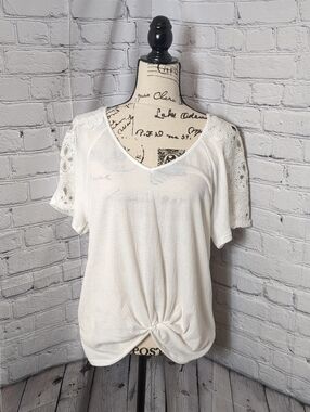 Women’s Cream V-Neck Crochet Sleeve Knot Front Top